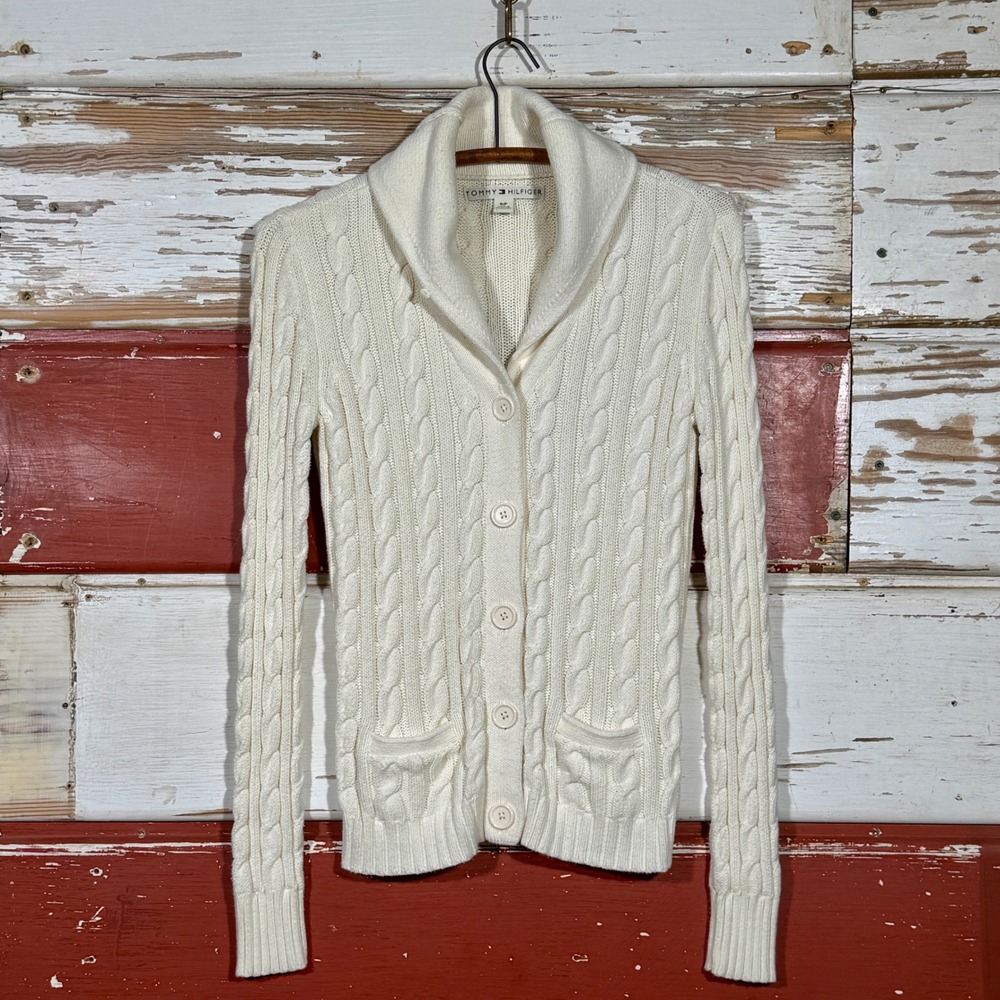Tommy Hilfiger Cable Knit Cardigan Sweater Hong Kong Shawl Collar‎ Button Up S/P
